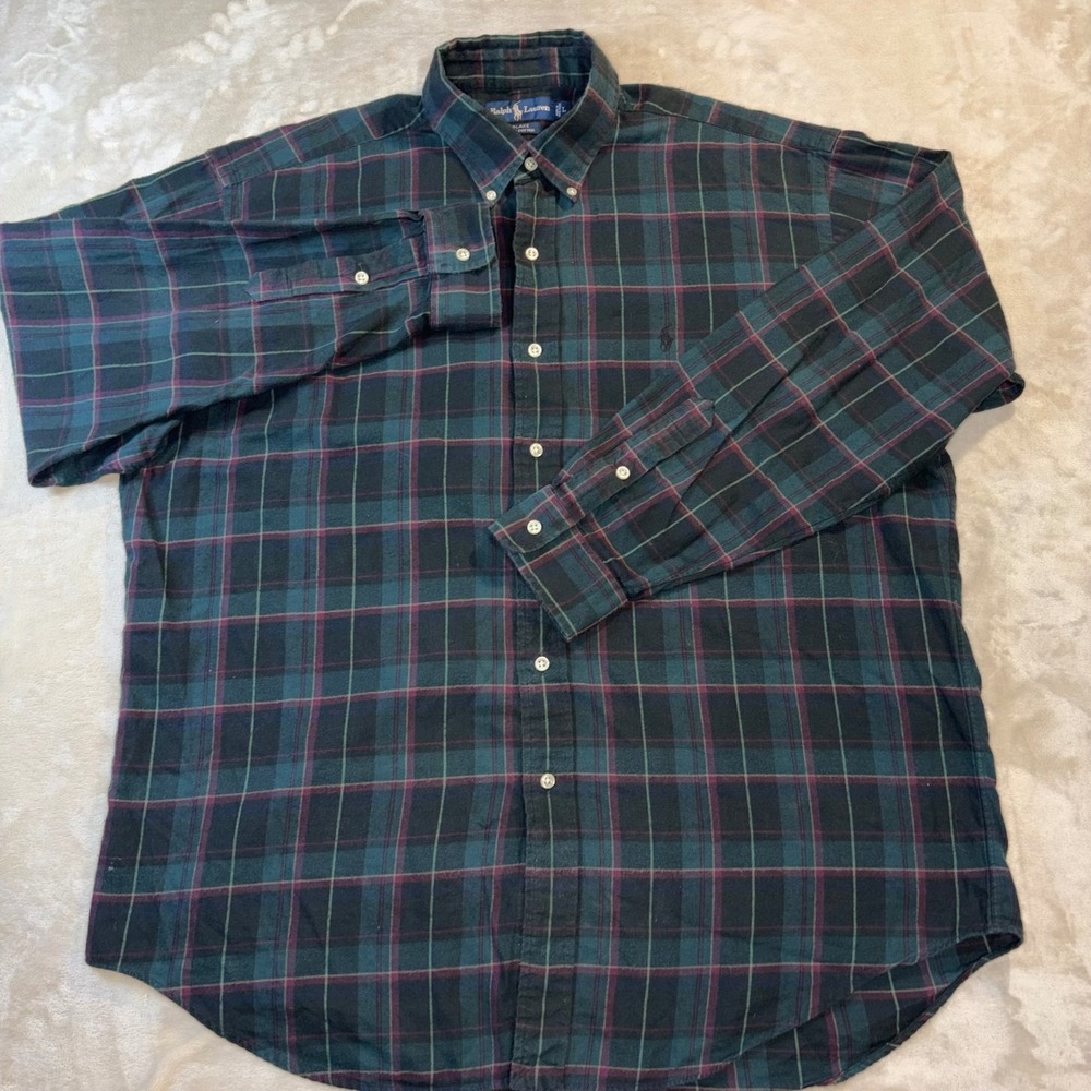 Polo Ralph Lauren Blake Mens Large Plaid Button Down Shirt Green Navy Cotton